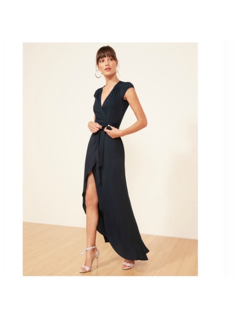 Reformation Chamomile Wrap Maxi Dress Navy Blue High Slit Cap Sleeve size S